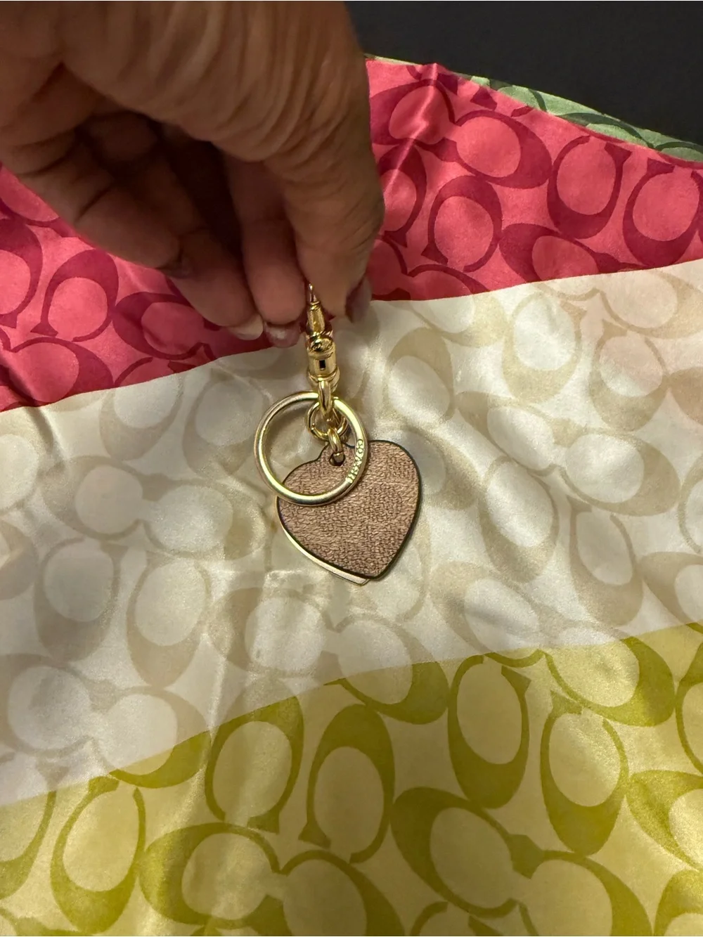 Coach Hearts Key Ring in Signature Canvas – Gold Tone Double Heart Bag Charm